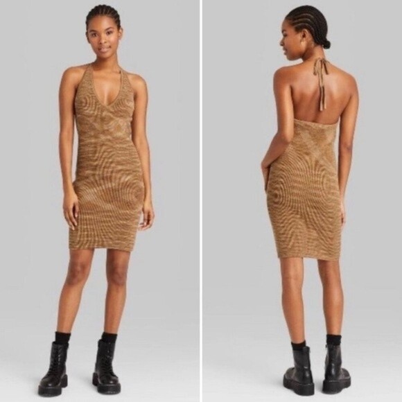 Wild Fable Knit Sweater Dress Brown Halter Mini Stretchy NWT Womens Size Large - Picture 2 of 10
